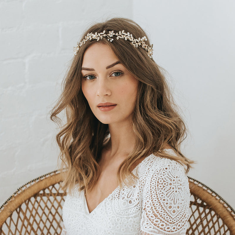 Gaia crystal embellished leaves and pearl buds gold hair vine - Liberty in Love