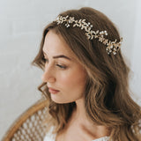Gaia crystal embellished leaves and pearl buds gold hair vine - Liberty in Love