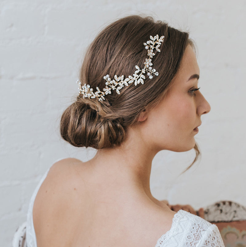 Gaia crystal embellished leaves and pearl buds gold hair vine - Liberty in Love