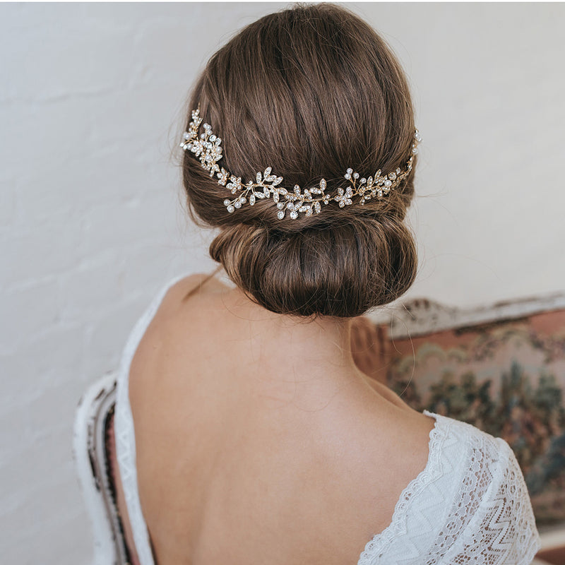Gaia crystal embellished leaves and pearl buds gold hair vine - Liberty in Love