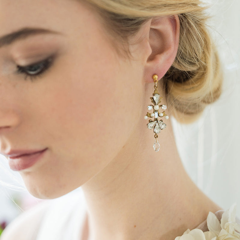 Antique-inspired crystal and pearl gold drop earrings - Liberty in Love