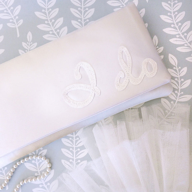 'I do' glittered letters ivory satin clutch (classic) - Liberty in Love