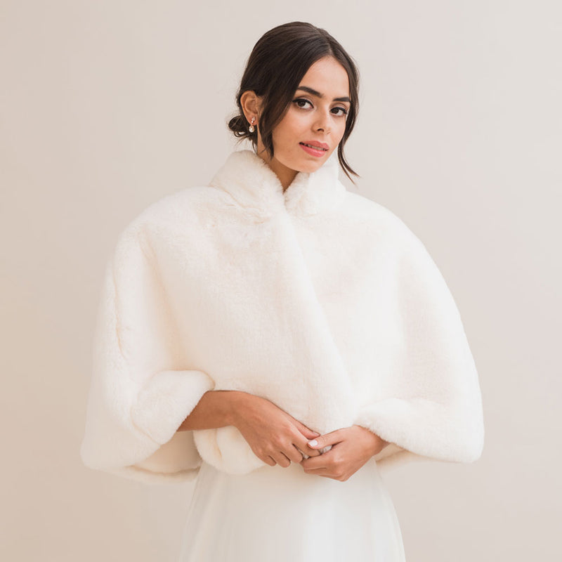 Ivory faux fur bridal cape Faux fur cover up – Liberty in Love