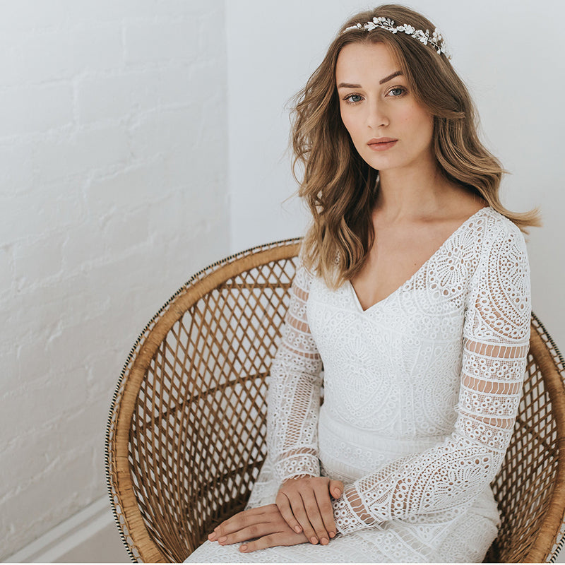 Lily blossom, pearl buds and leaves hair vine - Liberty in Love
