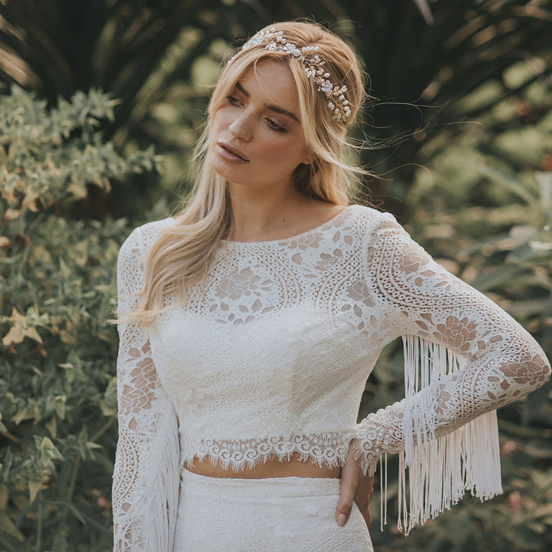 Lily blossom, pearl buds and leaves hair vine - Liberty in Love