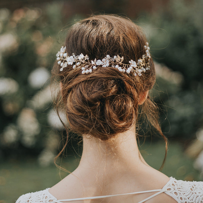 Lily blossom, pearl buds and leaves hair vine - Liberty in Love