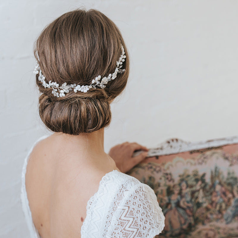 Lily blossom, pearl buds and leaves hair vine - Liberty in Love