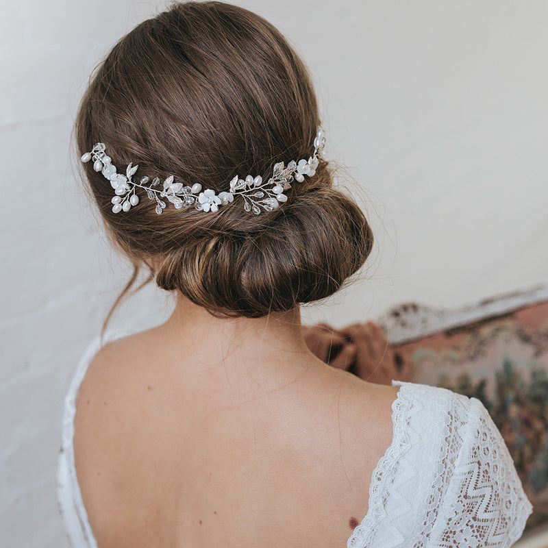 Lily blossom, pearl buds and leaves hair vine - Liberty in Love
