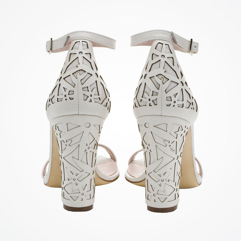 Maggie May laser-cut ivory leather block heel sandals - Liberty in Love