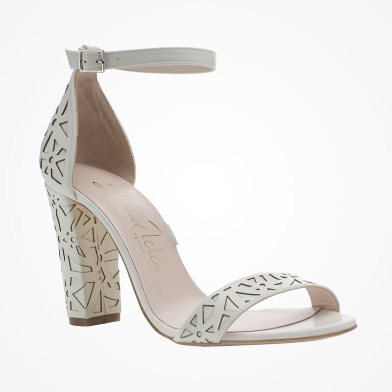 Maggie May laser-cut ivory leather block heel sandals - Liberty in Love
