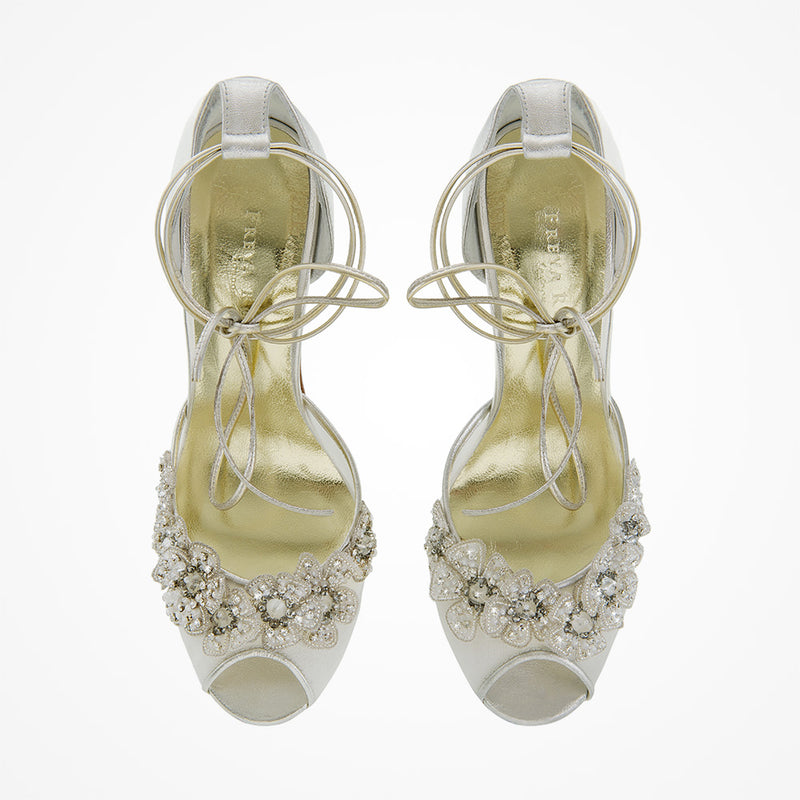 Marlene embellished blossoms ankle-tie silver sandals - Liberty in Love