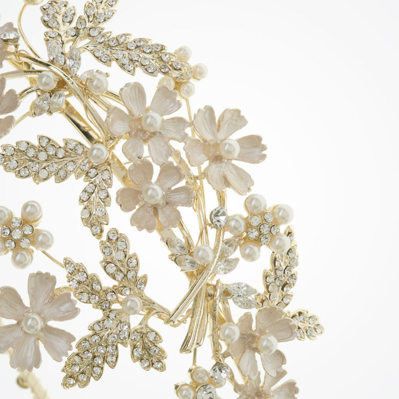 Mimosa golden enamelled pearl and crystal blossoms headpiece - Liberty in Love