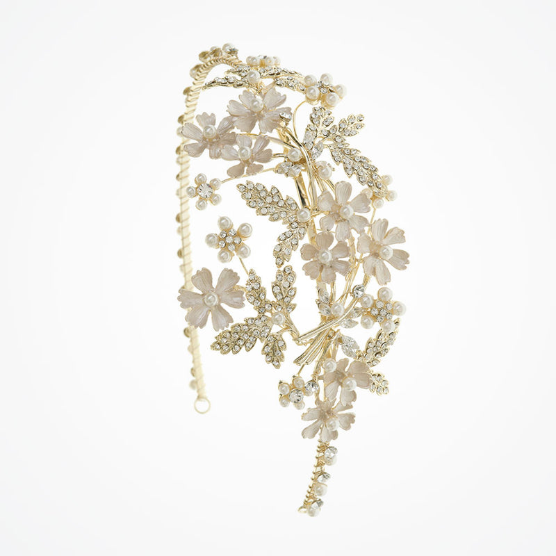 Mimosa golden enamelled pearl and crystal blossoms headpiece - Liberty in Love