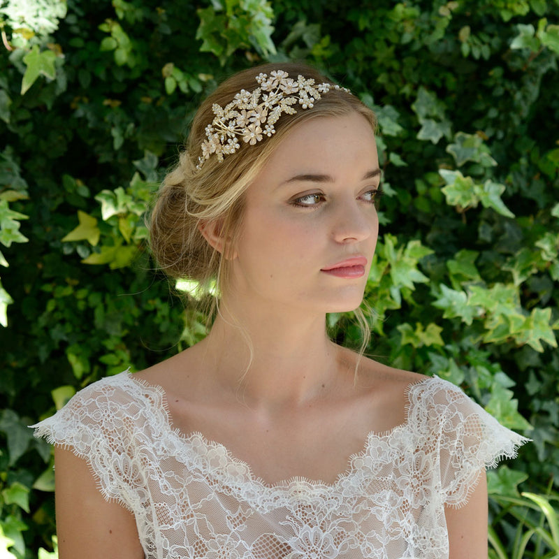 Mimosa golden enamelled pearl and crystal blossoms headpiece - Liberty in Love