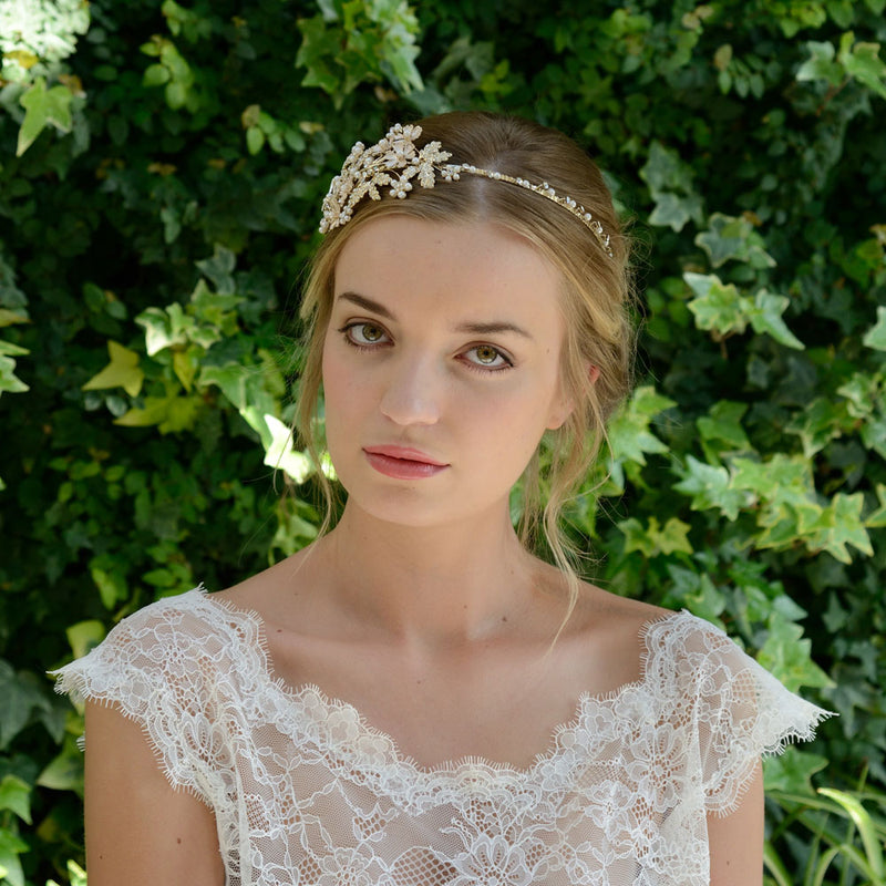 Mimosa golden enamelled pearl and crystal blossoms headpiece - Liberty in Love