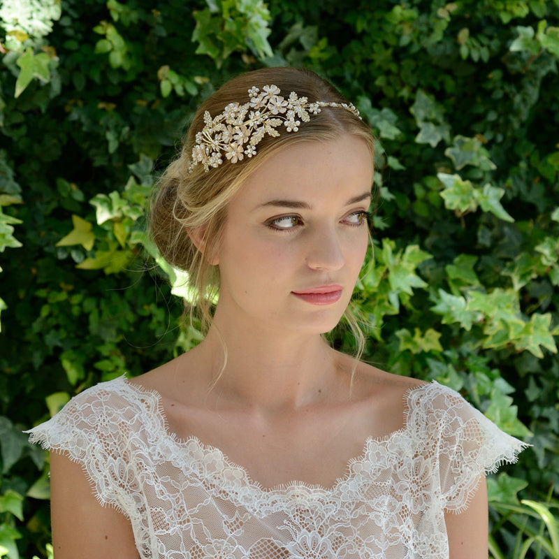 Mimosa golden enamelled pearl and crystal blossoms headpiece - Liberty in Love