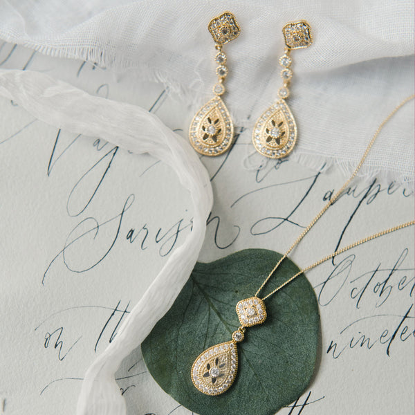 Youfir Bridal Austrian Crystal Necklace & Earrings Set - Gold Tone Jewelry For Wedding & Formal Events