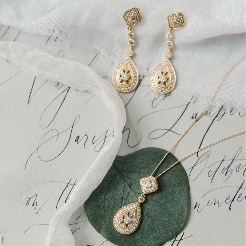 Gold pave crystal teardrop earrings Moonstruck Ivory and Co Liberty in Love