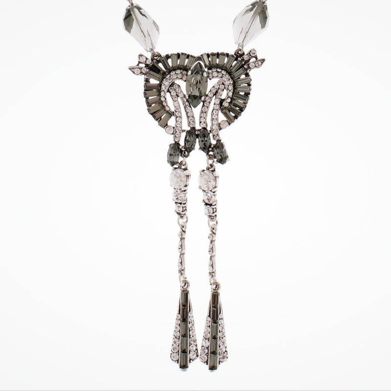 Symmetric pendant drop with crystal fan geometric scroll motif (NE9156) - Liberty in Love