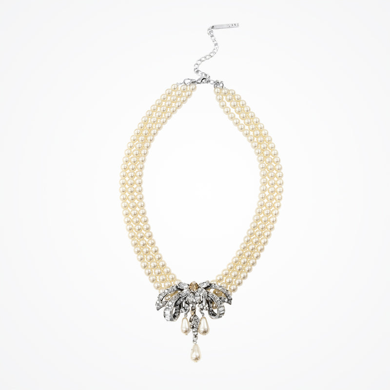 Triple ivory pearl strand choker necklace with fan bow motif (NE9589) - Liberty in Love