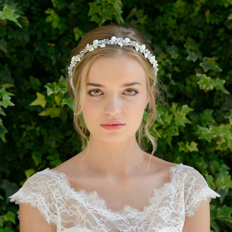 Nicole enamelled silver leaves and pearl buds hair vine - Liberty in Love
