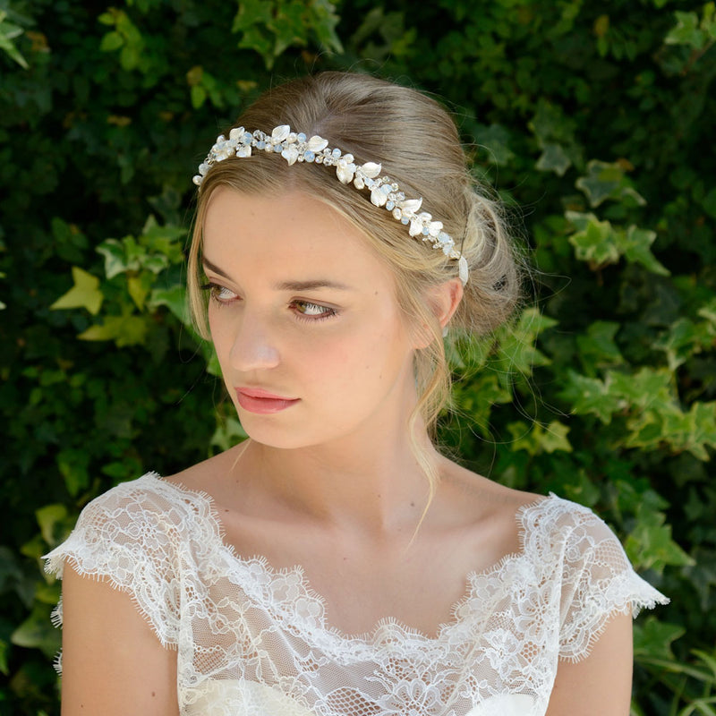 Nicole enamelled silver leaves and pearl buds hair vine - Liberty in Love