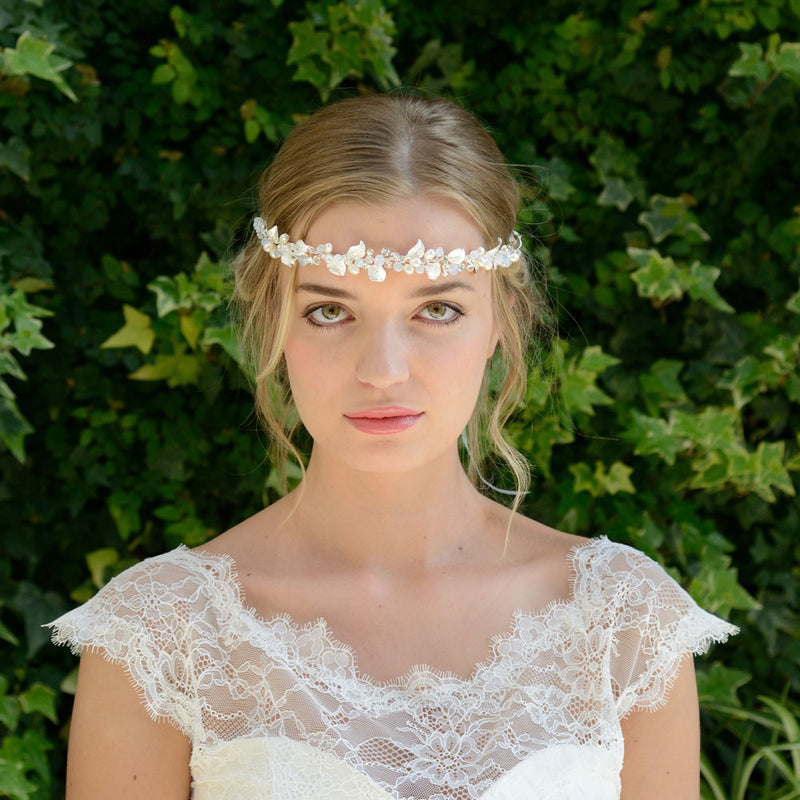 Nicole enamelled silver leaves and pearl buds hair vine - Liberty in Love