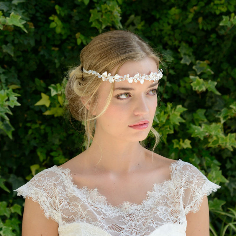 Nicole enamelled silver leaves and pearl buds hair vine - Liberty in Love