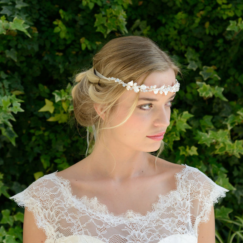 Nicole enamelled silver leaves and pearl buds hair vine - Liberty in Love