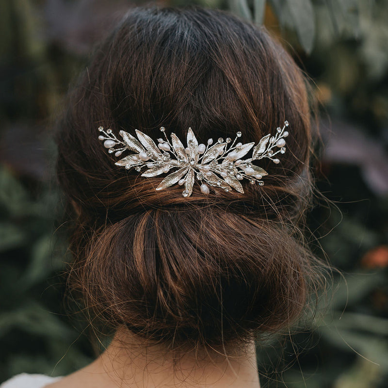 Nieva enamelled leaves with pearl and crystal sprigs hair clip - Liberty in Love