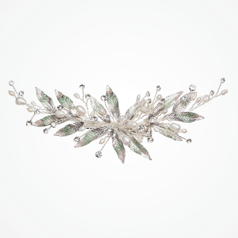 Nieva enamelled leaves with pearl and crystal sprigs hair clip - Liberty in Love