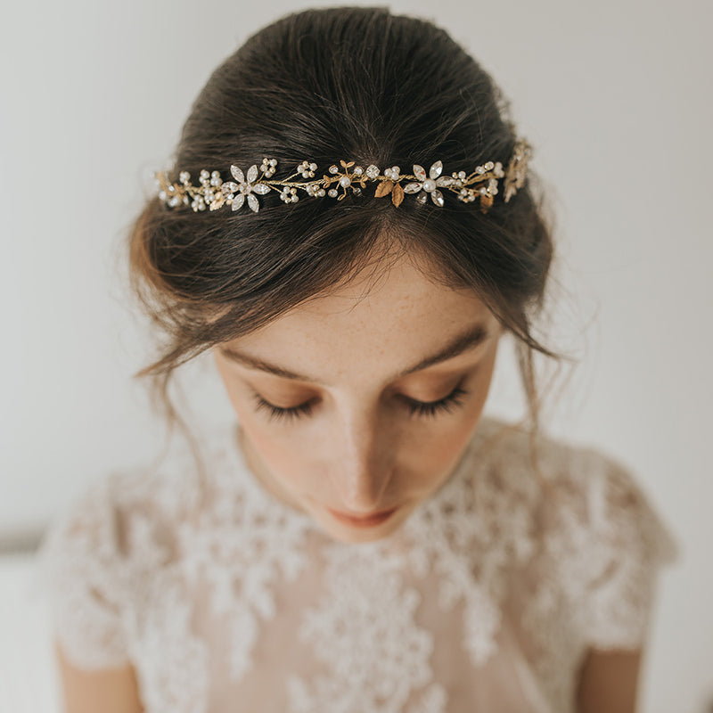 Philomena blossoms and leaves gilded headpiece - Liberty in Love