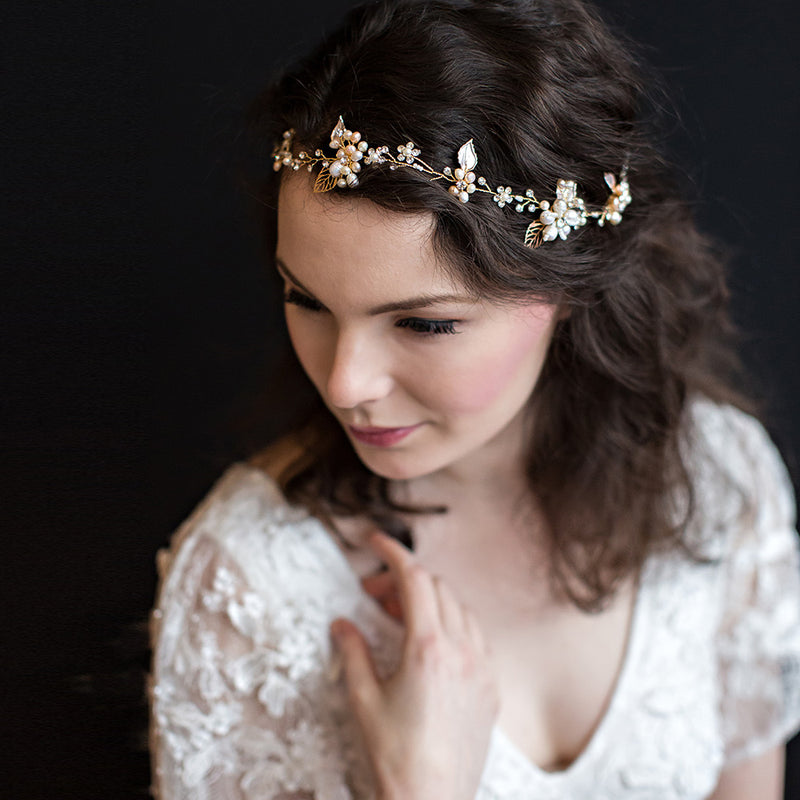 Posy clustered pearl blossom and leaves rose gold hair vine - Liberty in Love
