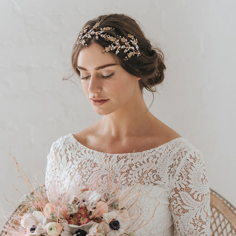 Rose garden crystal and pearl antique gold headpiece - Liberty in Love