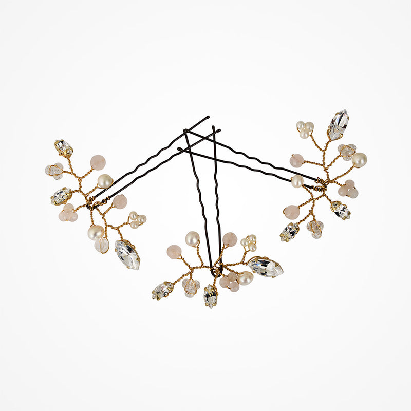 Rosie pearl, rose quartz and crystal navette hair pins (gold) - Liberty in Love