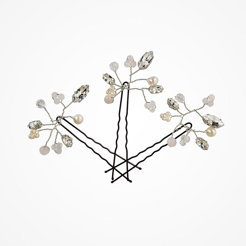 Rosie pearl, rose quartz and crystal navette hair pins (silver) - Liberty in Love