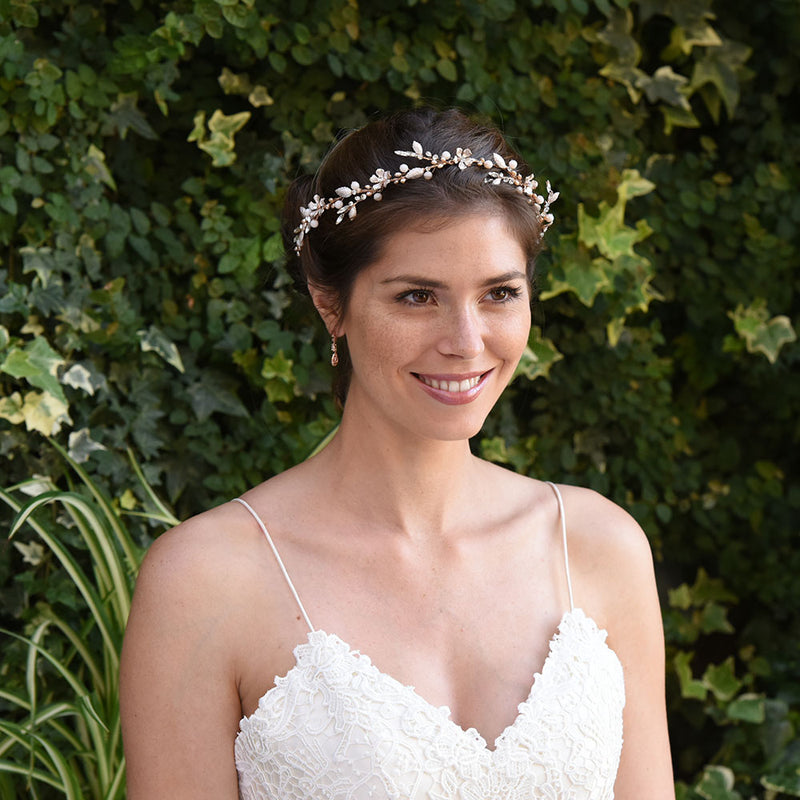 Rose gold blush crystal floral hair vine Titania Ivory and Co