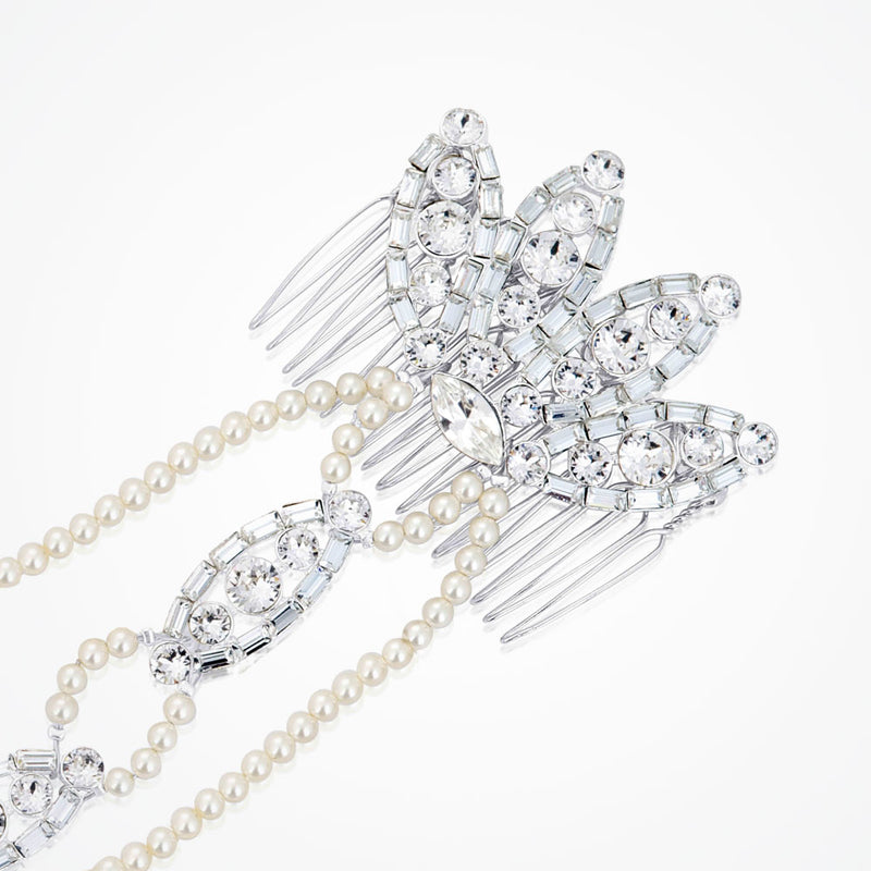Vintage hollywood deco brow bridal headpiece with draping pearls - Liberty in Love