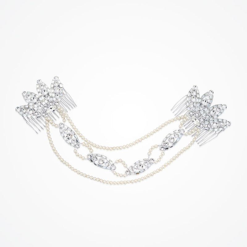 Vintage hollywood deco brow bridal headpiece with draping pearls - Liberty in Love