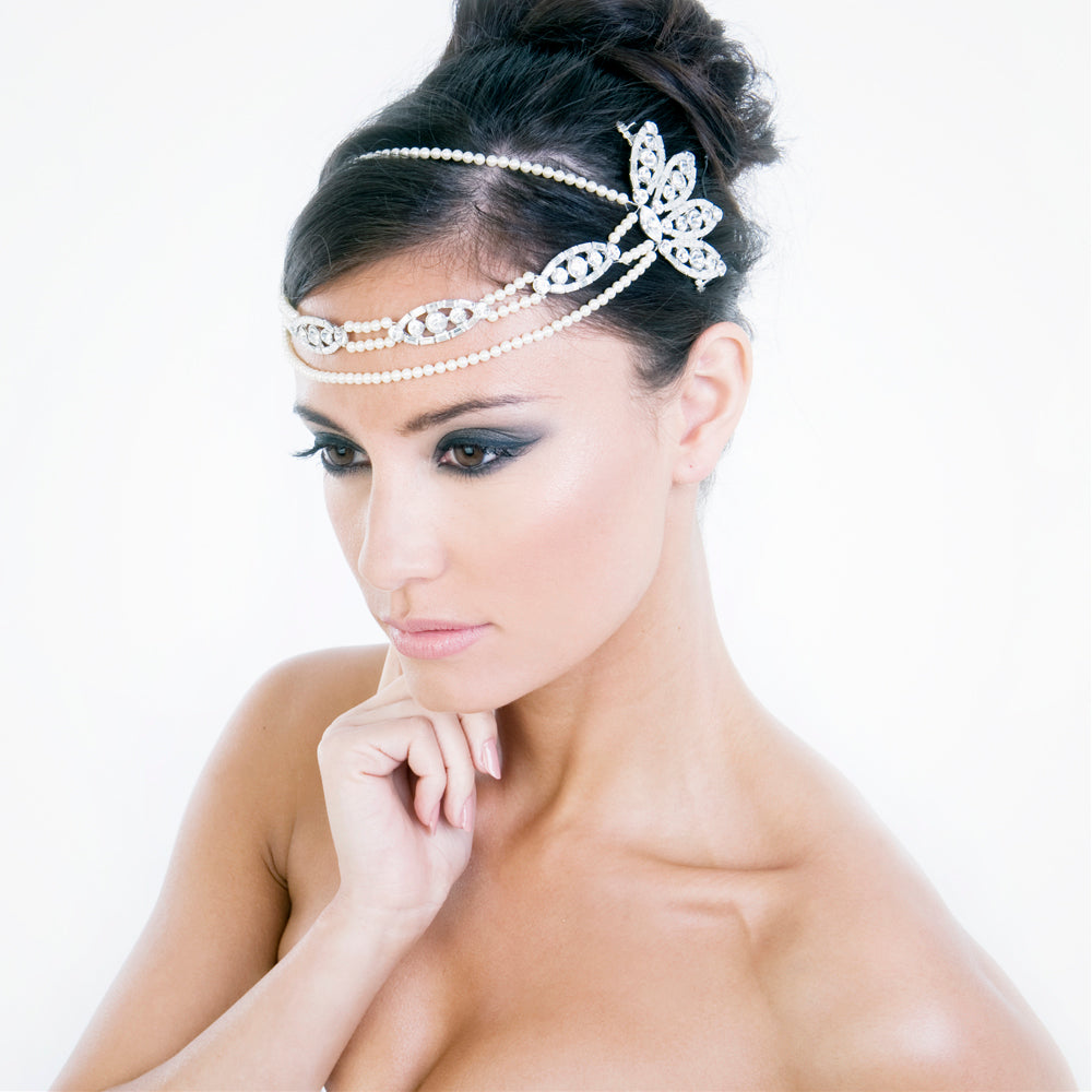 Vintage hollywood deco brow bridal headpiece draping pearls