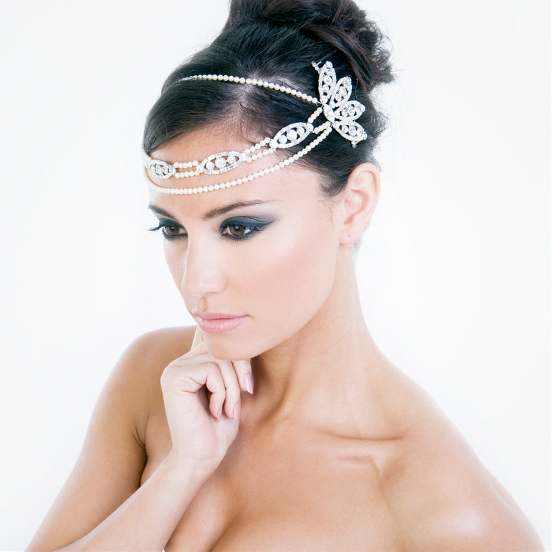 Vintage hollywood deco brow bridal headpiece with draping pearls - Liberty in Love