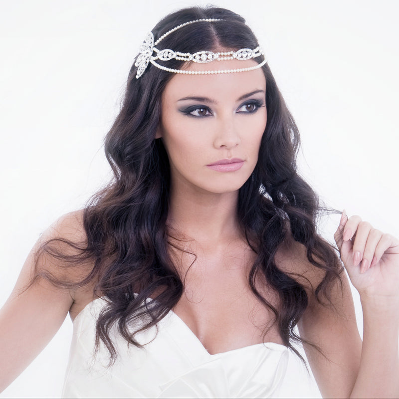 Vintage hollywood deco brow bridal headpiece with draping pearls - Liberty in Love